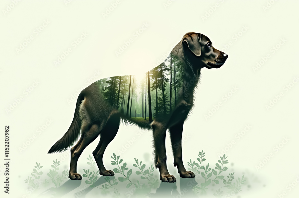 Fototapeta premium Nature integration: labrador silhouette with forest scene