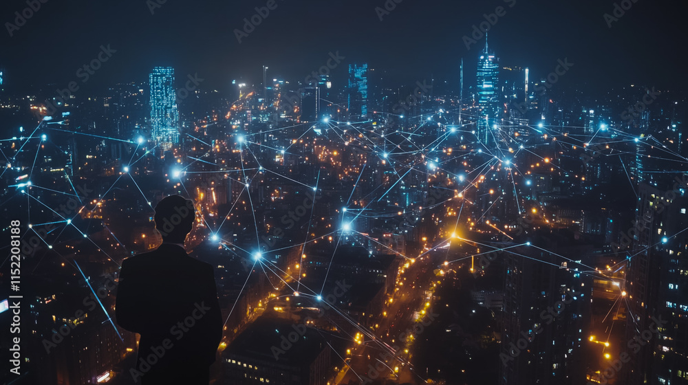 Smart digital city with connection cyber security network reciprocity over the cityscape . future smart wireless digital city and social media networking systems that connects people within the city Smart digital city with connection cyber security network reciprocity over the cityscape . future smart wireless digital city and social media networking systems that connects people within the city