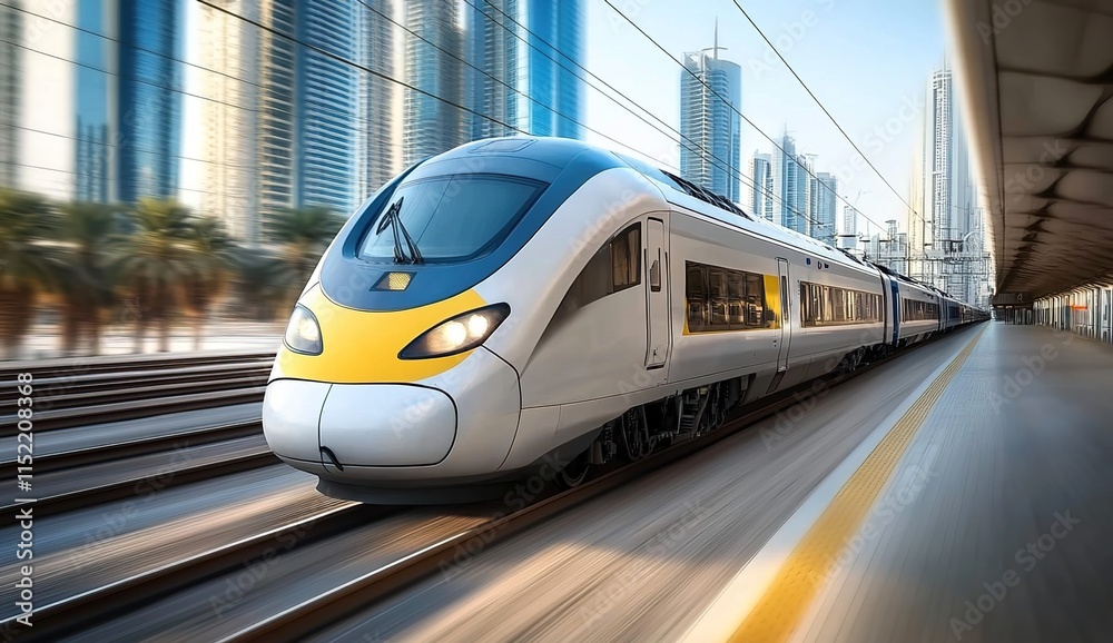 A photo of a modern high-speed train in motion, white and grey with a blue roof and yellow details on the front and side windows. A photo of a modern high-speed train in motion, white and grey with a blue roof and yellow details on the front and side windows.