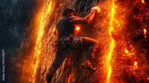 Climber mid leap on glowing rock face, surrounded by fiery elements, showcasing determination and strength in dramatic environment. scene captures thrill of adventure photo