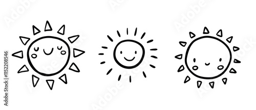 Cute set of sun icons. Funny happy smiley suns. Happy doodles bright and beautiful cartoon characters. Vector illustration