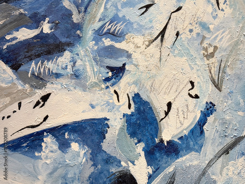 Fotografie Close up of random brushed paint in blue and white color with random strokes and wavy pattern