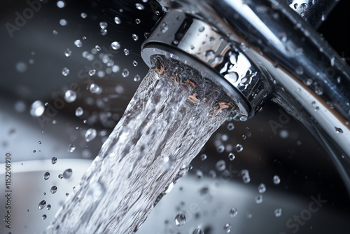 High key photography, ultra close-up of a kitchen faucet aerator with a drop of water falling from it photo