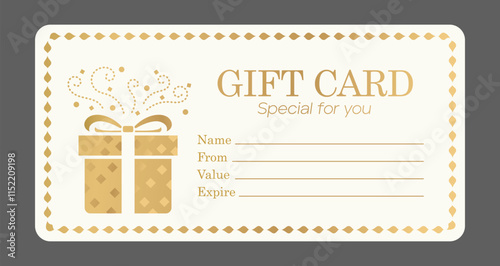 Golden gift card shopping, store voucher, ticket template, simple shiny gold card with decorative gift box for sale, anniversary, event and discount, coupon luxury and elegant