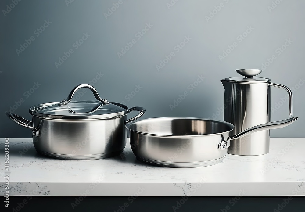 Stunning studio product photograph of stainless steel saucepans Stunning studio product photograph of stainless steel saucepans