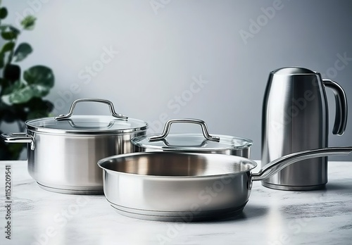  Stunning studio product photograph of stainless steel saucepans photo