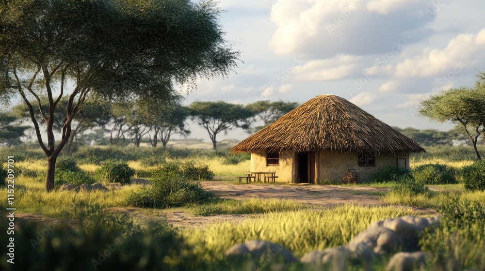 Rural African hut in savanna landscape under a cloudy sky. Rural African hut in savanna landscape under a cloudy sky.
