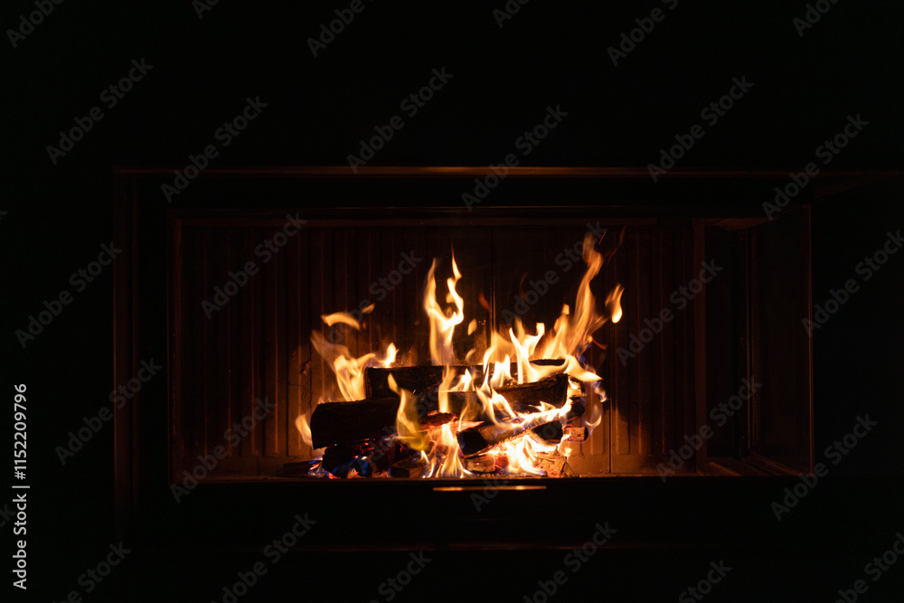 Fototapeta premium A warm and glowing fireplace with flames dancing over firewood, creating a cozy and tranquil indoor ambiance.