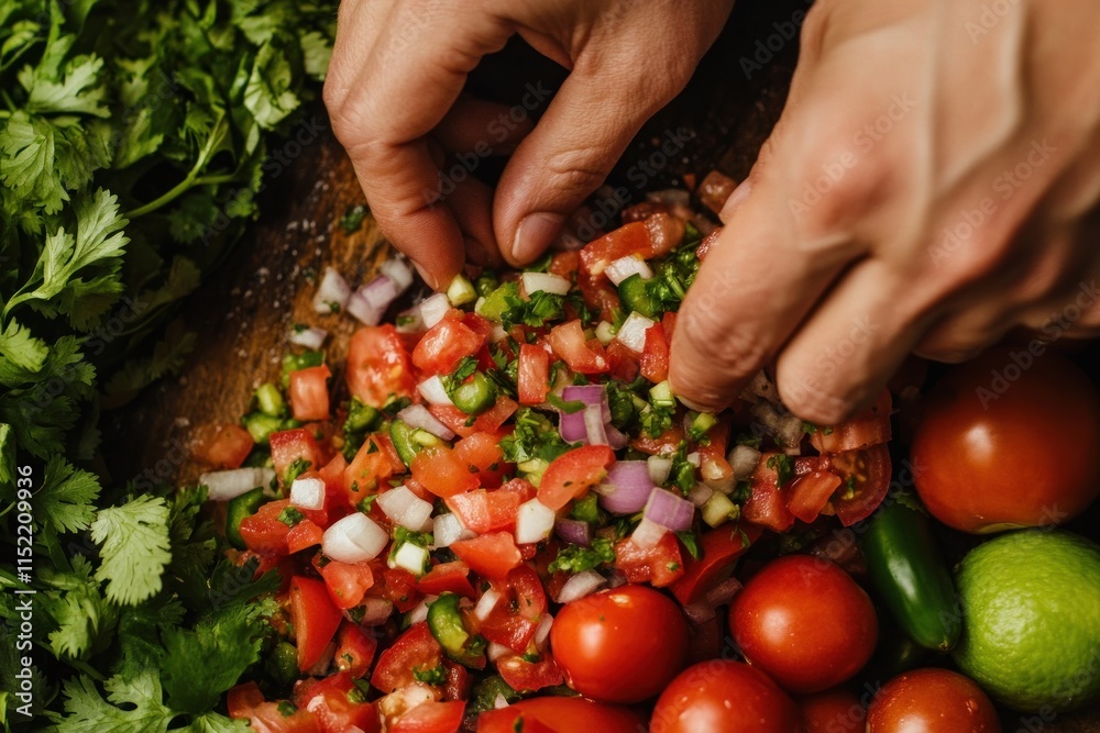 Hands Prepare Fresh Homemade Pico De Gallo Salsa Hands Prepare Fresh Homemade Pico De Gallo Salsa