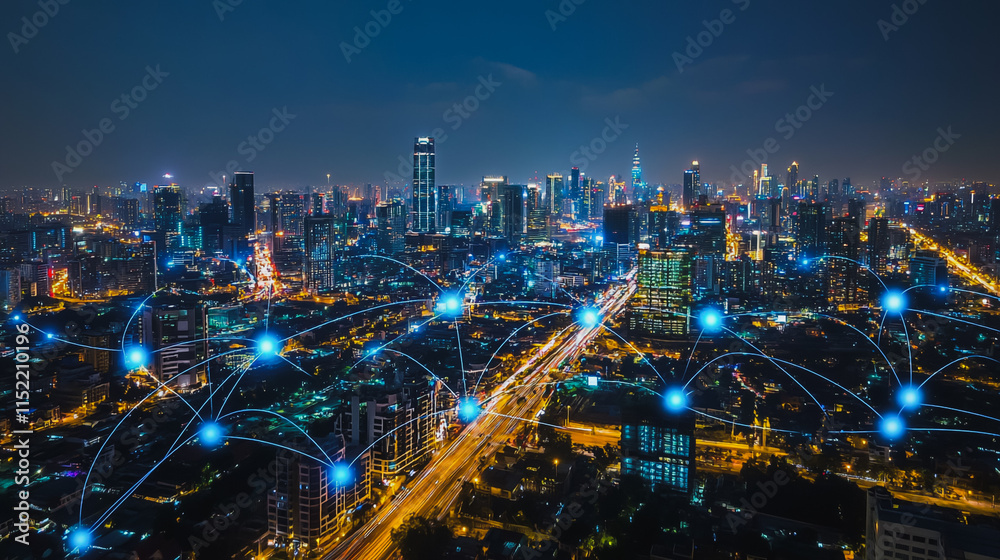 Fototapeta premium Smart digital city with connection cyber security network reciprocity over the cityscape . future smart wireless digital city and social media networking systems that connects people within the city