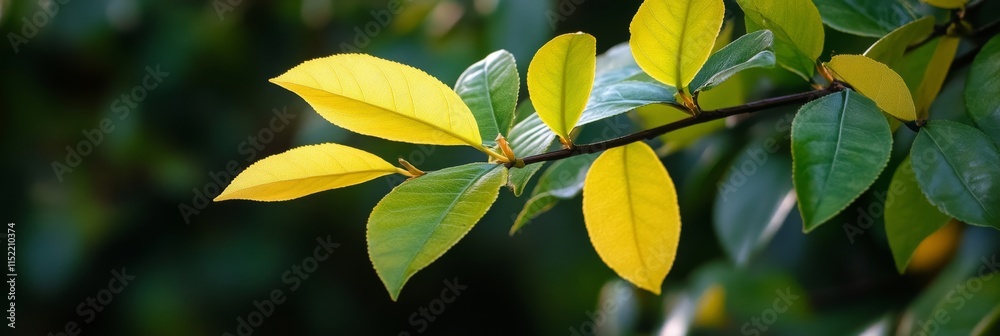Obraz premium Vibrant Green and Yellow Autumn Leaves - Nature's vibrant palette, showcasing the beauty of autumn foliage. Symbolizing change, growth, renewal, and the passage of time. A tranquil scene of natural b