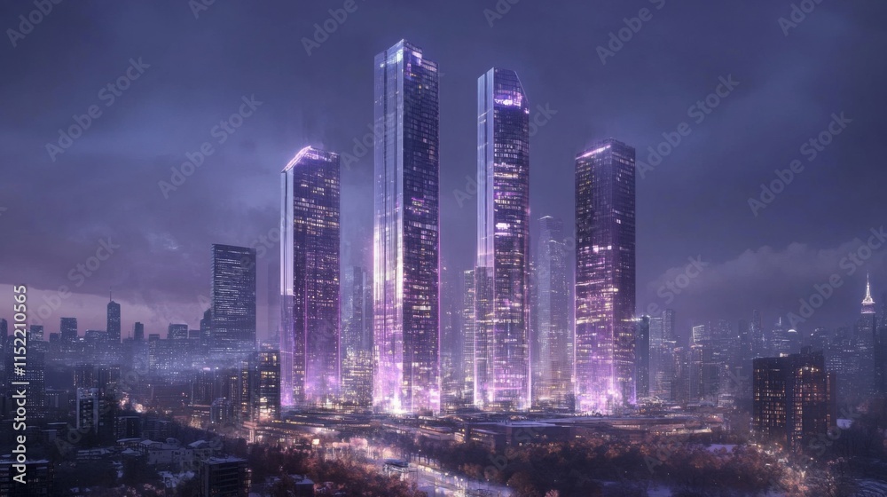Obraz premium Dramatic Cityscape with Dominating Skyscrapers at Night