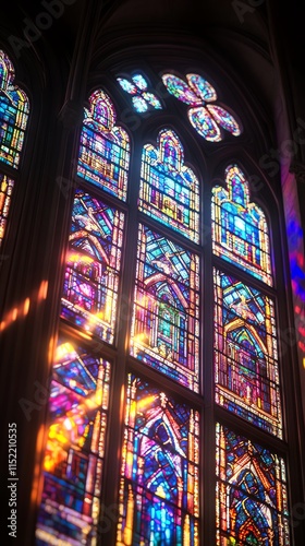 Vibrant stained glass window in sunlight, casting colorful patterns on a cathedral wall. photo