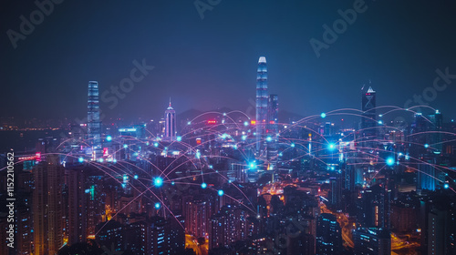 Wallpaper Mural Smart digital city with connection cyber security network reciprocity over the cityscape . future smart wireless digital city and social media networking systems that connects people within the city Torontodigital.ca