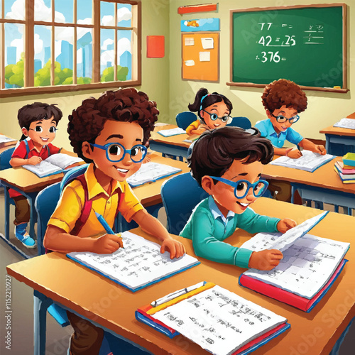 "3D Classroom Illustration – Students and Teacher Engaged in Learning, Sitting at Desks with Books, Writing on a Blackboard, and Collaborating Together in a Fun, Educational Environment at School
