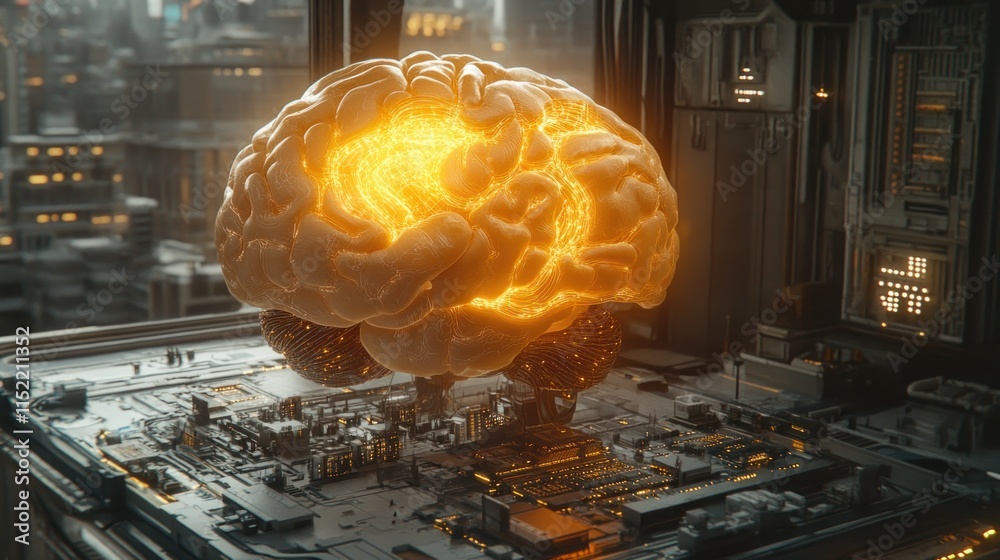 Obraz premium Glowing brain model on futuristic circuit board, cityscape background.