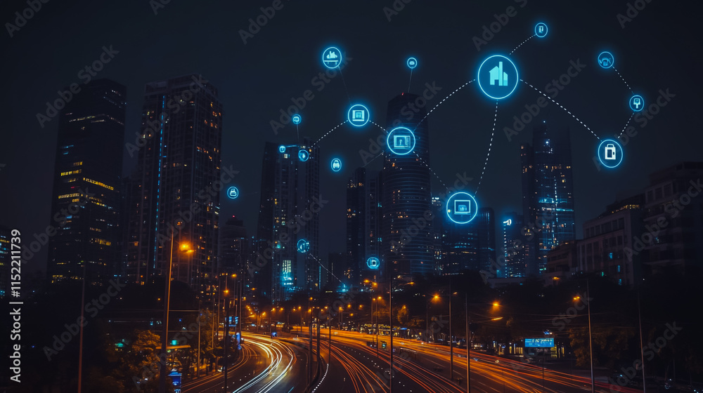 Naklejka premium Smart digital city with connection cyber security network reciprocity over the cityscape . future smart wireless digital city and social media networking systems that connects people within the city