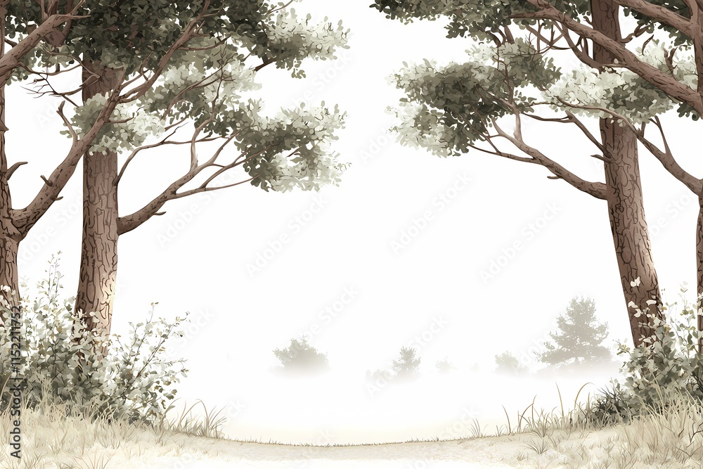 Fototapeta premium Serene Forest Pathway Surrounded by Tall Trees in Soft Foggy Landscape