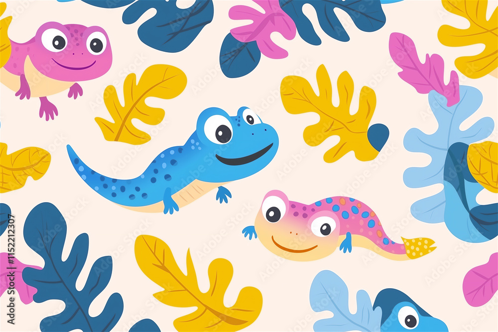 Fototapeta premium Colorful cartoon-style illustration of geckos with bright tropical leaves. Vibrant design perfect for summer themes, with bold, playful elements and a cheerful vibe.