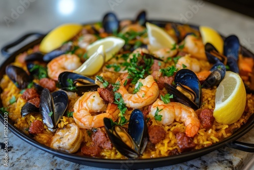 Delicious Seafood Paella With Lemon Wedges photo