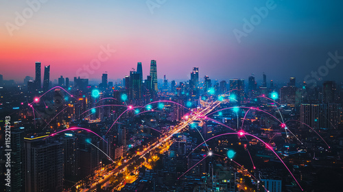 Wallpaper Mural Smart digital city with connection cyber security network reciprocity over the cityscape . future smart wireless digital city and social media networking systems that connects people within the city Torontodigital.ca