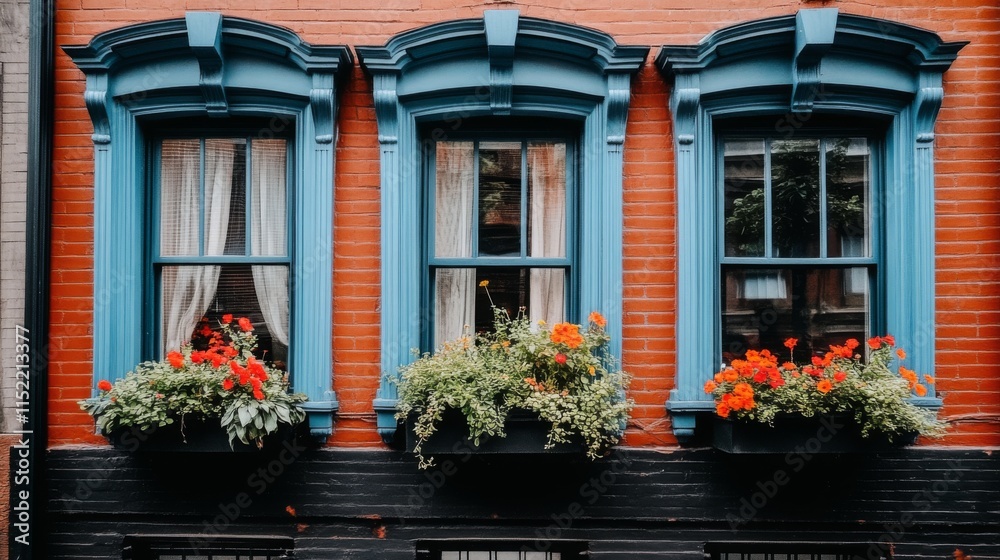 Historical Building with Flower Boxes in Windows Historical Building with Flower Boxes in Windows