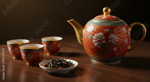 Chinese Teapot and Tea Cups Symbolizing Warmth and Hospitality