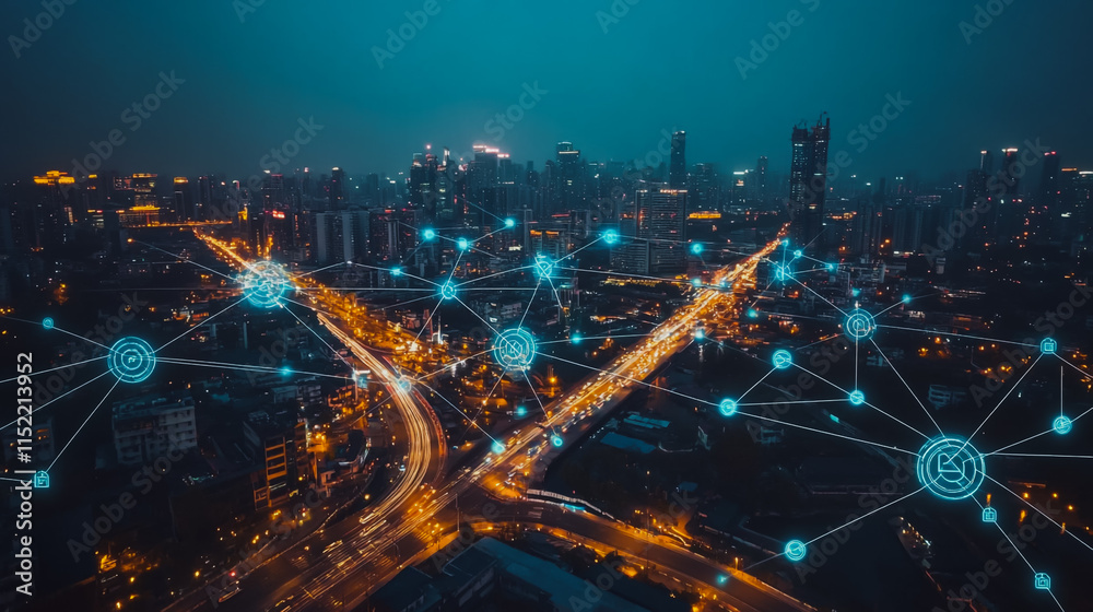 Naklejka premium Smart digital city with connection cyber security network reciprocity over the cityscape . future smart wireless digital city and social media networking systems that connects people within the city