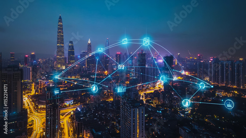 Wallpaper Mural Smart digital city with connection cyber security network reciprocity over the cityscape . future smart wireless digital city and social media networking systems that connects people within the city Torontodigital.ca