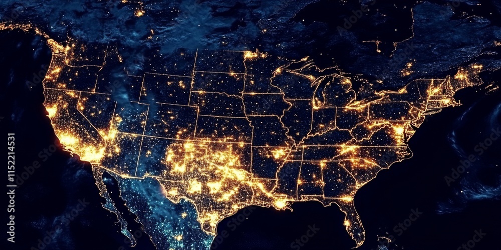 Fototapeta premium Nighttime satellite imagery captures the vibrant lights of the United States.