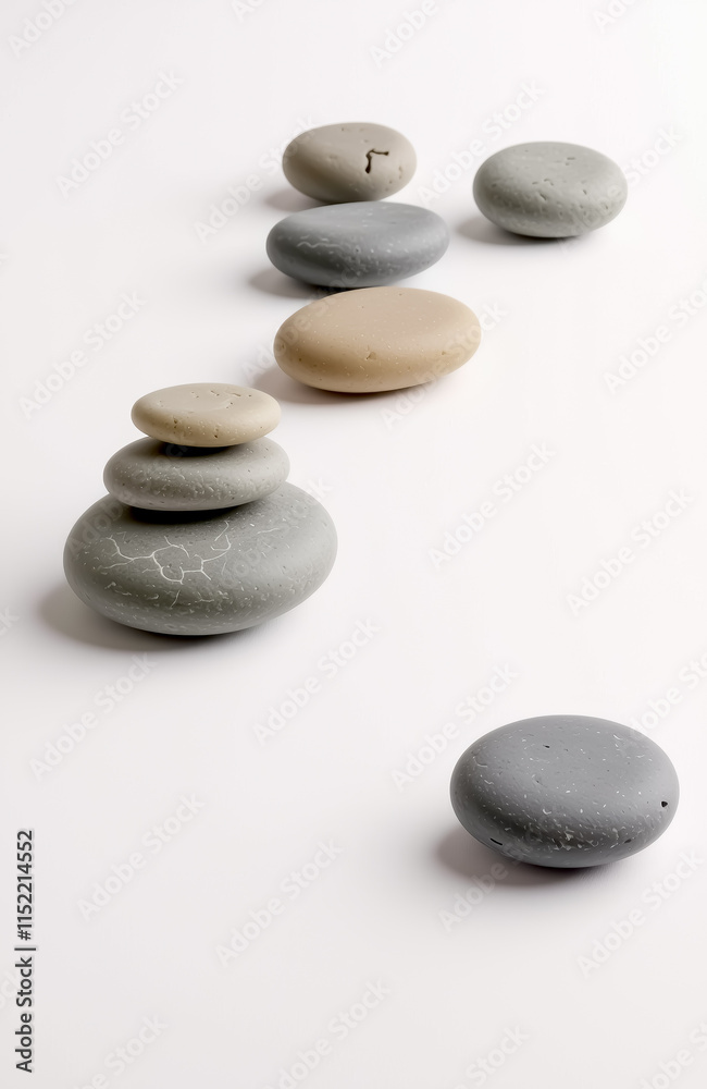 Balanced zen stones on white surface arranged in a diagonal pattern Balanced zen stones on white surface arranged in a diagonal pattern