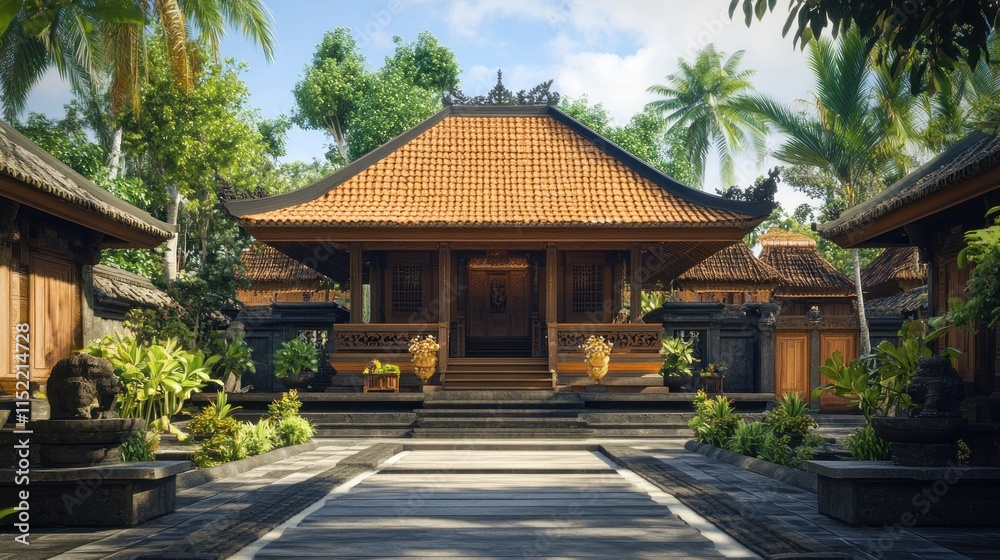 Traditional Balinese house with intricate carvings, surrounded by lush tropical gardens and palm trees. Traditional Balinese house with intricate carvings, surrounded by lush tropical gardens and palm trees.
