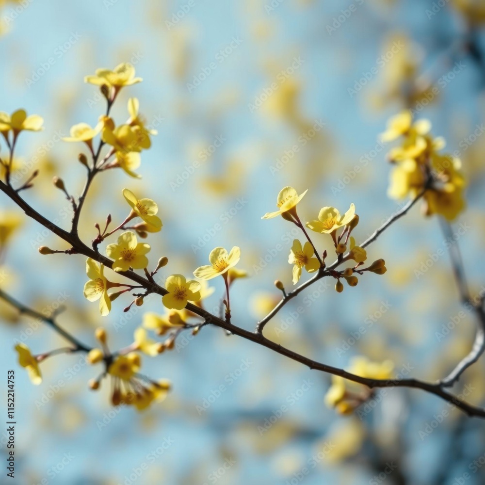 bokeh blue of Spring nature background with yellow flowers on branches and blue sky blur background and copy space abstract bokeh light background bright emotional harmonious vignette bokeh blue of Spring nature background with yellow flowers on branches and blue sky blur background and copy space abstract bokeh light background bright emotional harmonious vignette