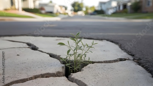 Nature’s Persistence: Plant Growing Amidst Cracked Pavement in Warm Suburban Scene photo