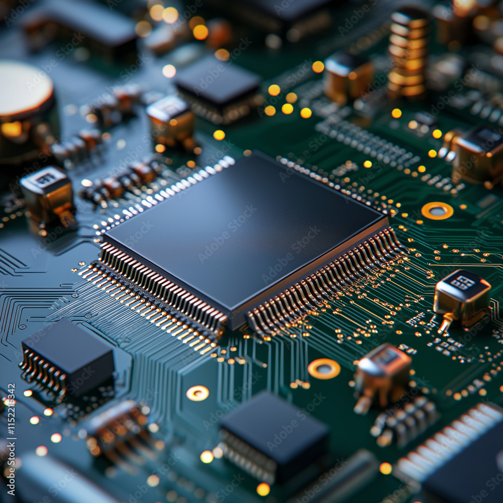 close up view of circuit board with microchips and components close up view of circuit board with microchips and components