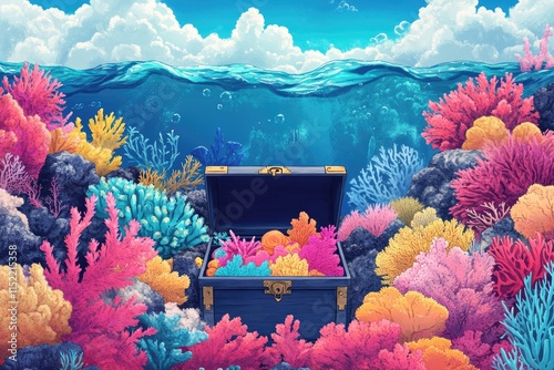 Colorful Coral Reef Treasure Chest Underwater Scene photo