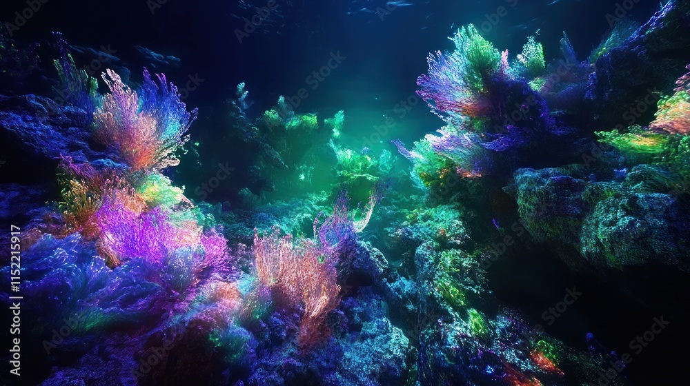 Fototapeta premium Vibrant underwater scene with colorful coral reefs glowing in dark ocean.