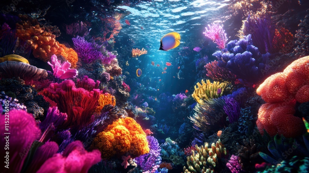 Naklejka premium Vibrant coral reef teeming with colorful fish and diverse marine life under the ocean.
