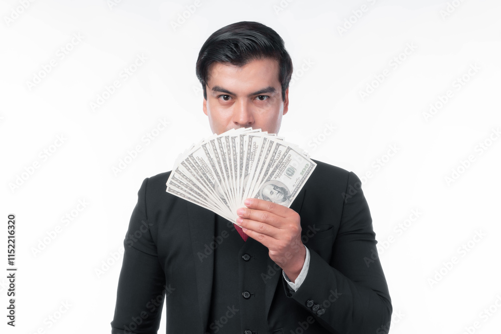 Confident Businessman in Black Suit and Red Tie Holding Fan of Dollar Bills with a Determined Expression on White Background - Symbol of Wealth, Success, Financial Prosperity, and Economic Confidence Confident Businessman in Black Suit and Red Tie Holding Fan of Dollar Bills with a Determined Expression on White Background - Symbol of Wealth, Success, Financial Prosperity, and Economic Confidence