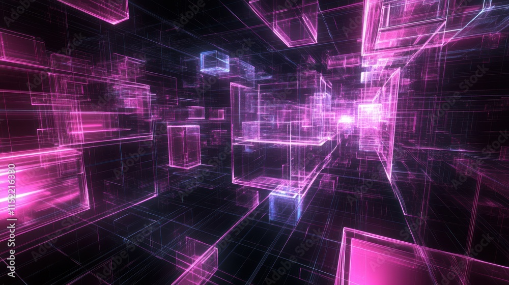 Obraz premium Abstract digital tunnel of glowing pink and blue cubes in dark space.