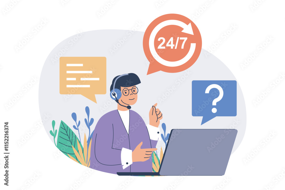 Call center web concept with flat cartoon people for website design.