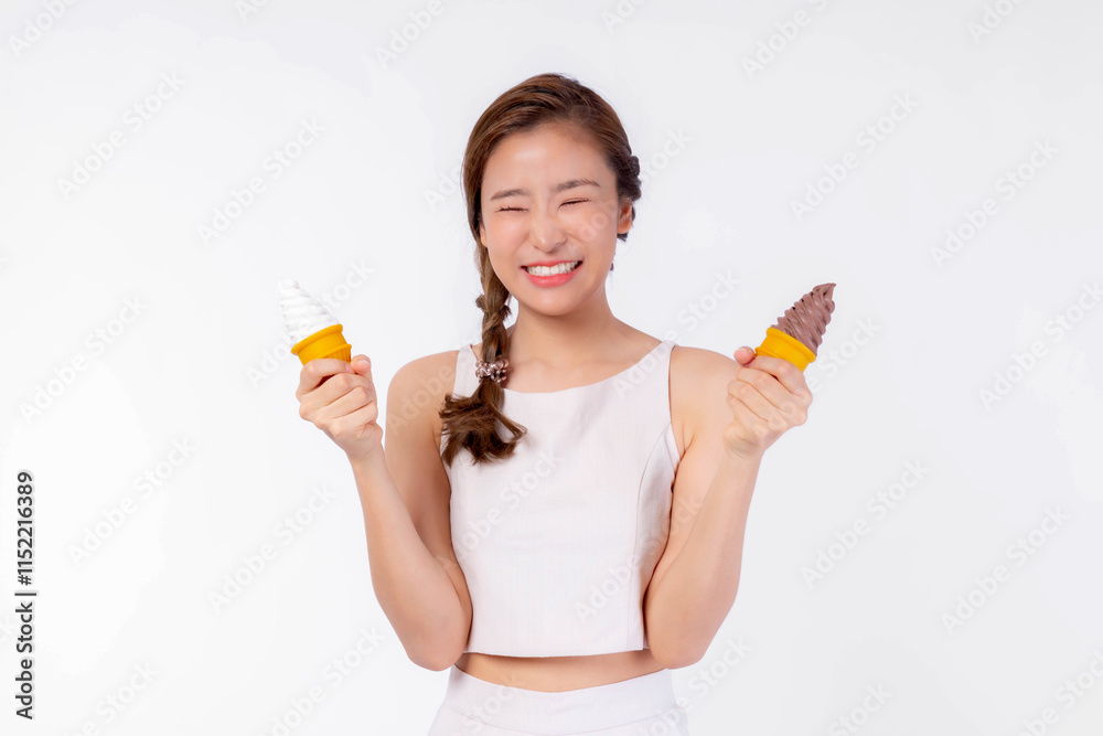 Cheerful Asian woman holding vanilla and chocolate ice cream cones with a big smile, expressing joy and sweetness, dressed in casual white attire, isolated on white background Cheerful Asian woman holding vanilla and chocolate ice cream cones with a big smile, expressing joy and sweetness, dressed in casual white attire, isolated on white background