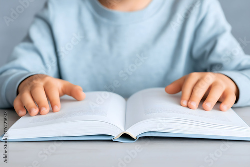 Person reading an open book at a table, ideal for illustrating education, learning, study habits, or intellectual pursuits in academic or personal development contexts photo