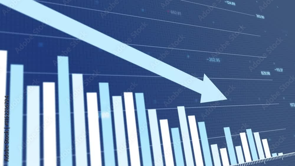 Dynamic infographic presentation, sequential diagrams illustrating decreased profit trends, sharp downward arrows indicating falling values, blue background, clean modern design, Copy space.