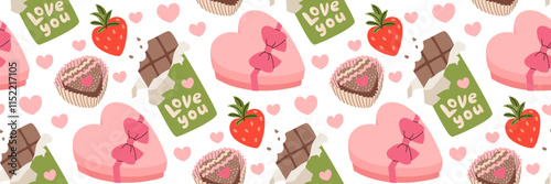 Valentine pattern with Pink box of chocolates, candies and strawberries. Festive romantic background with various sweets. Gift for your dear friend. For pastry shop, wrapping. Vector flat illustration