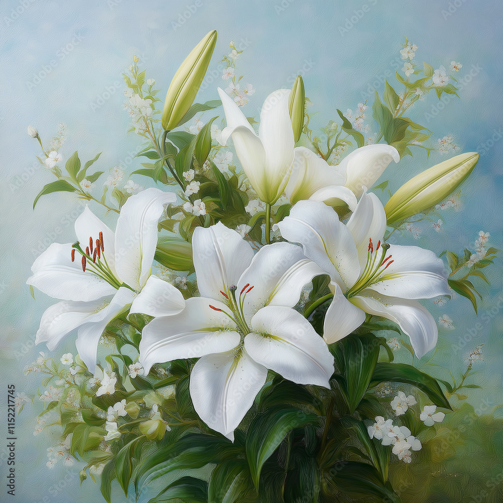 Fototapeta premium White lilies in serene floral arrangement with soft greenery