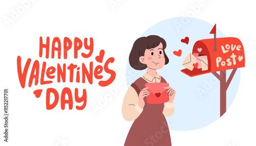 Happy Valentines day greeting banner. Sweet girl sends letter to her lover. Red mailbox and groovy lettering. February 14 celebration of love background. Festive congratulations. Vector illustration.