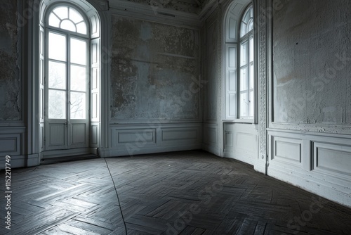 Sunlit Interiors: Dark Parquet Flooring and Textured White Walls in Spacious Corner Room