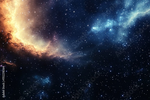 view of distant galaxy with glowing stars and swirling clouds of cosmic dust set against dark space background
