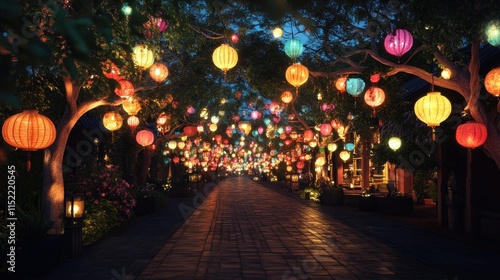 Colorful lanterns illuminating a night pathway.